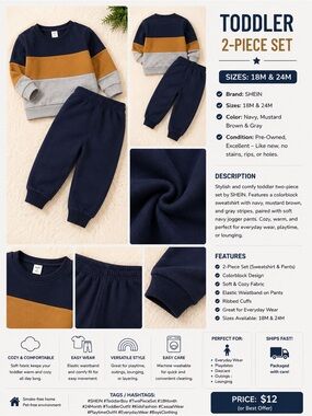 SHEIN Navy, Mustard & Gray Toddler 2-Piece Set
